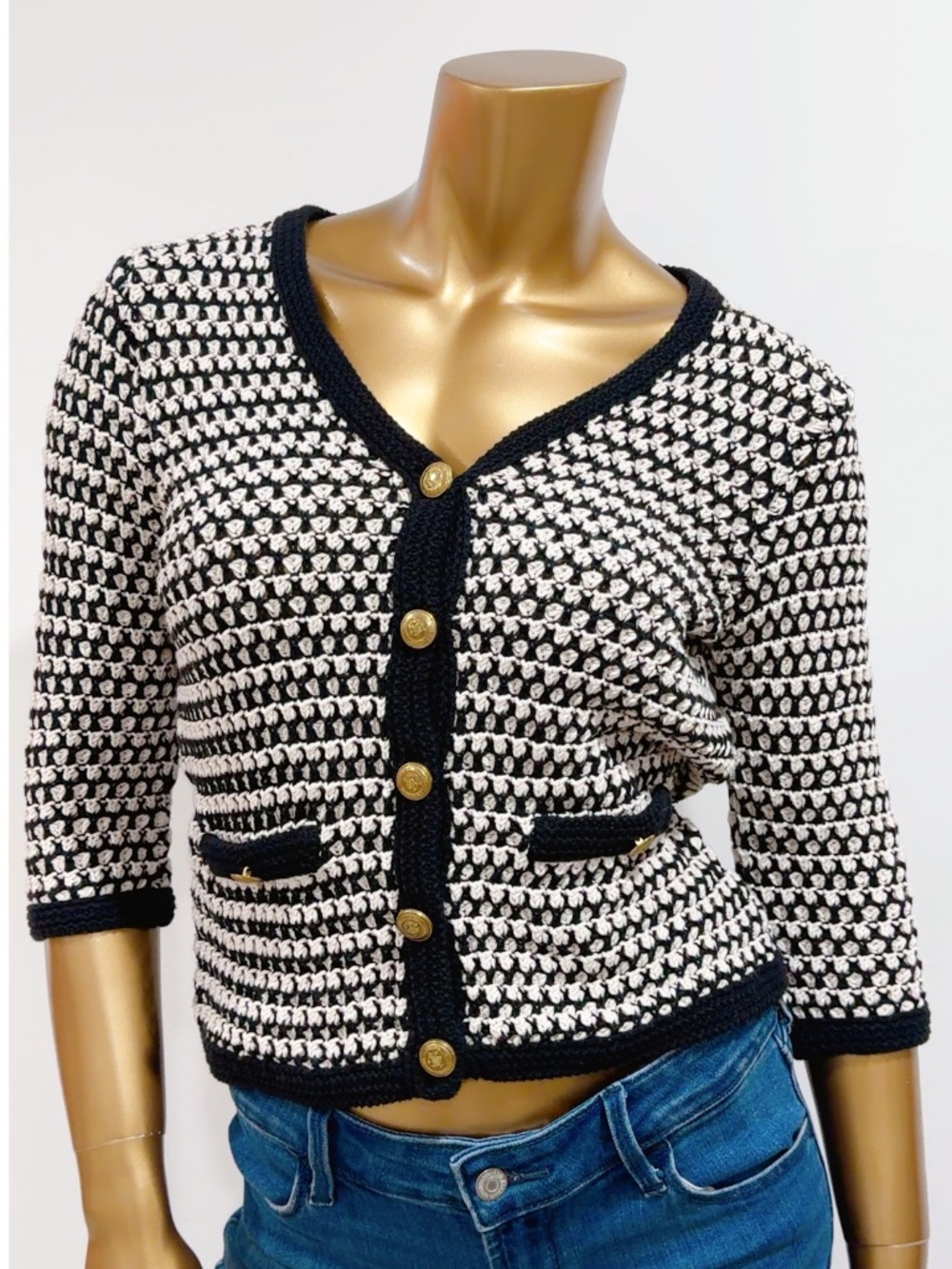 CAbi Coco Waffle Knit White/Black 3/4 Sleeve Striped Cardigan Size S Style #868